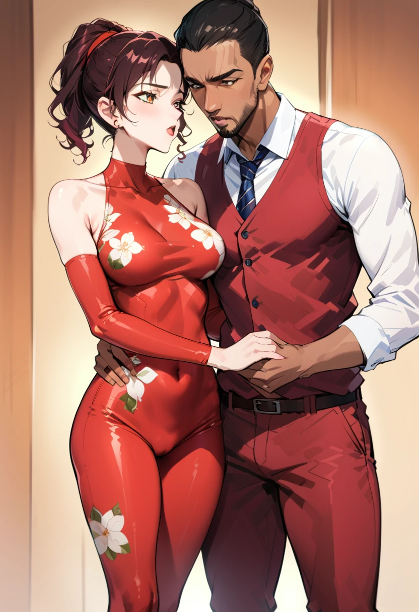 (ung man), (1 asian Mom), (Duet), A mom seduces a young blackman，（strong and naked black man，short pantuscle body，bodybuilder），（a young mom with big breasts，narrow waist，bare shoulders，(red catsuit dressed, floral print, naked）, European 40 year old milfs and th1 young black man r, best quality:1.4), (Ultra-high resolution:1.2), (8K, RAW photos:1.2), Laurena Lexis, (1 Mom, 1 son), Moms showing off their curves, bend down, Wearing sexy clothes and shorts, and their young son, Clear eyes, A mother and her young son, ((French Kiss)) kiss eachother