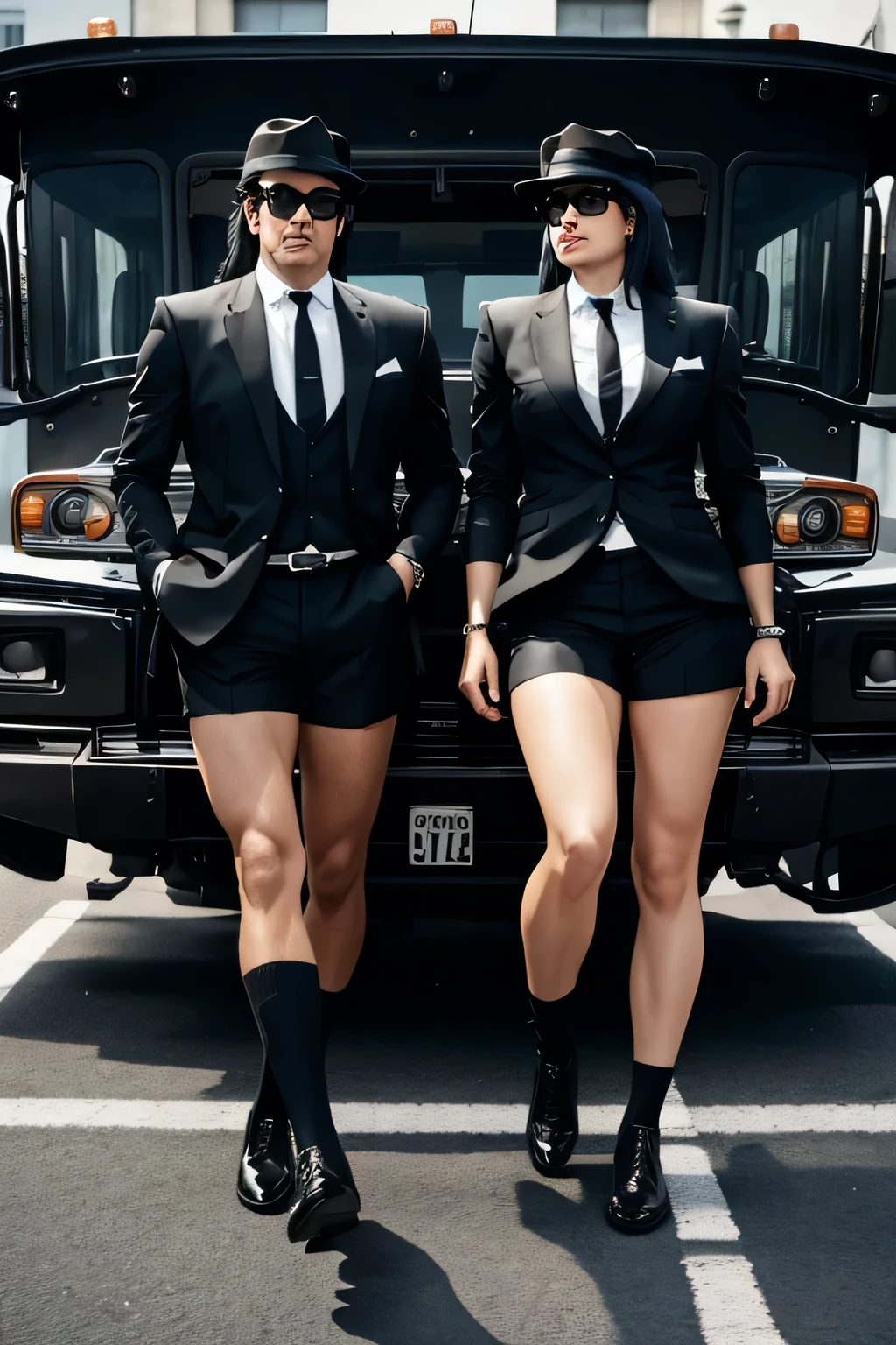 Blues brothers en short et chaussettes noires, hummer noir