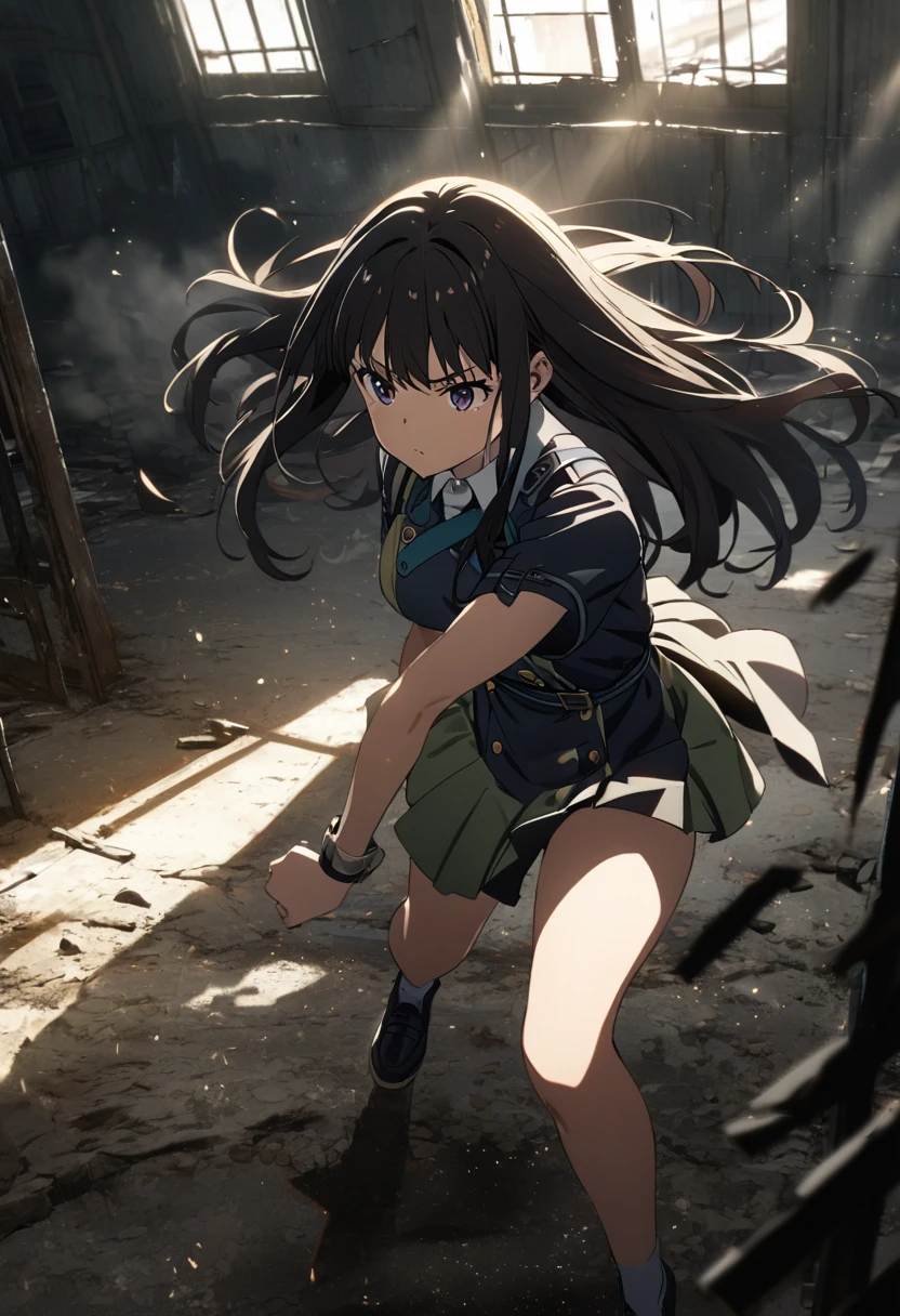 1girl, inoue takina, lycoris recoil, inside an abandoned warehouse, with beams of light filtering through broken windows and dust particles visible in the air. The cinematic lighting casts long shadows and illuminates her determined and fierce stance. The scene is a masterpiece of the highest quality with absurd resolution.