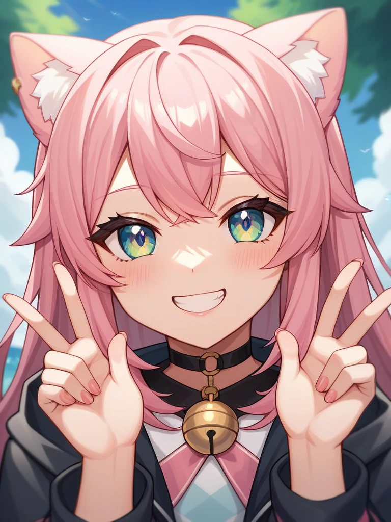 Adult, Female, long pink hair, oceanic eyes, winking, tongue out, vtuber, otaku bedroom, Masterpiece, Accurate, Anatomically Correct, Best Quality, High Details, Detail, Super Detailed, Best detail, Perfect detail, Amazing detail, [-3, 3], perfect fingers, perfect body, best body, amazing body, Looking at viewer, front facing, upper body shot, Cat Ears, Close-Up, 