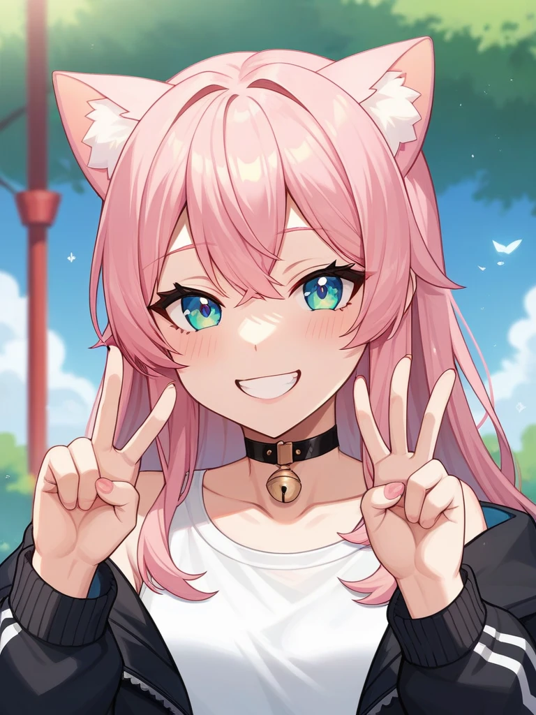 Adult, Female, long pink hair, smiling peace sign, vtuber, , Masterpiece, Accurate, Anatomically Correct, Best Quality, High Details, Detail, Super Detailed, Best detail, Perfect detail, Amazing detail, [-3, 3], perfect hands, best hands, best fingers, perfect fingers, perfect body, best body, amazing body, Looking at viewer, front facing, upper body shot, Cat Ears, Close-Up, 