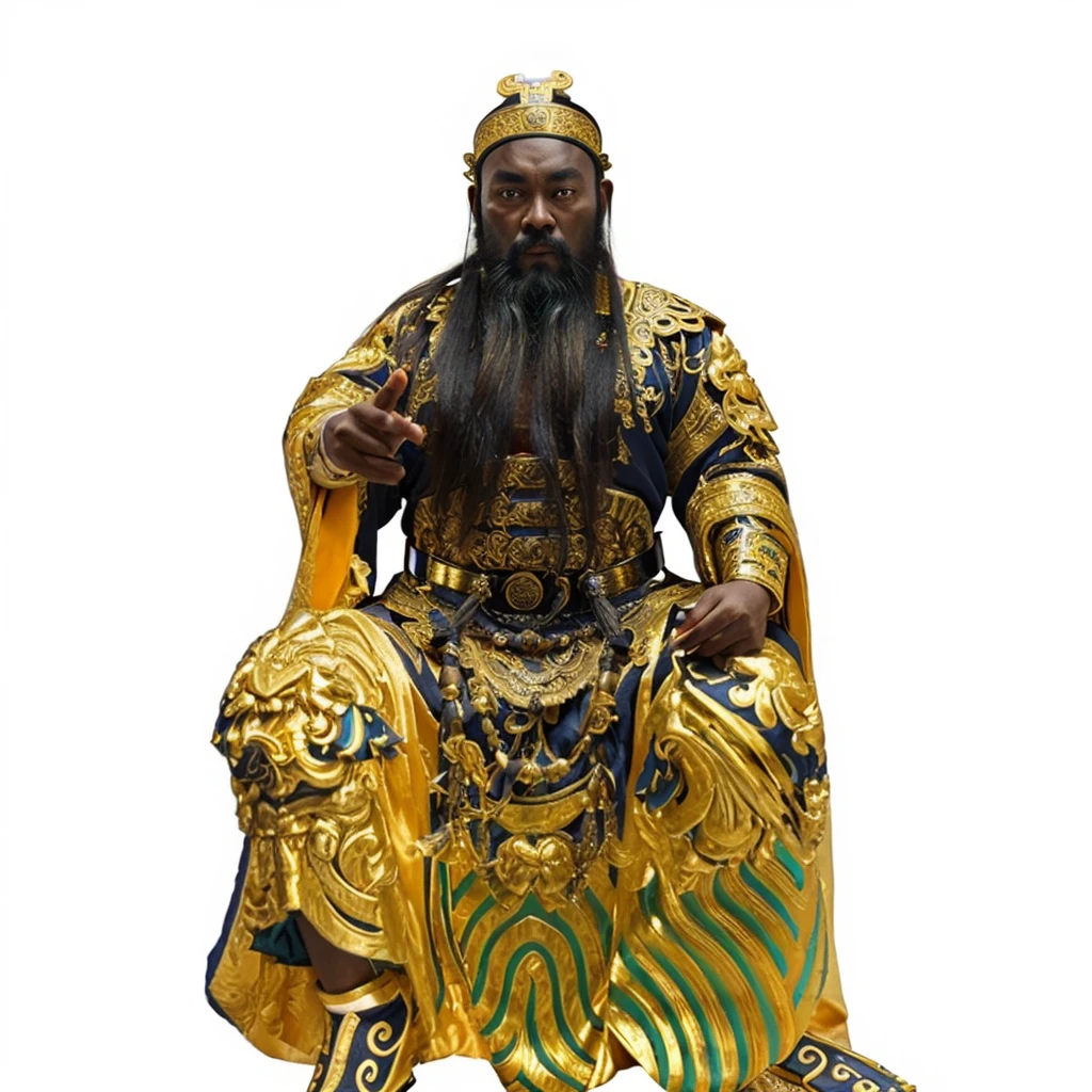 a black skin ancient chinese emperor, silky soft emperor rob, big eyes, thick eyebrow, holding a dark blue belt, taoist priest, long beard, empty forehead, bald