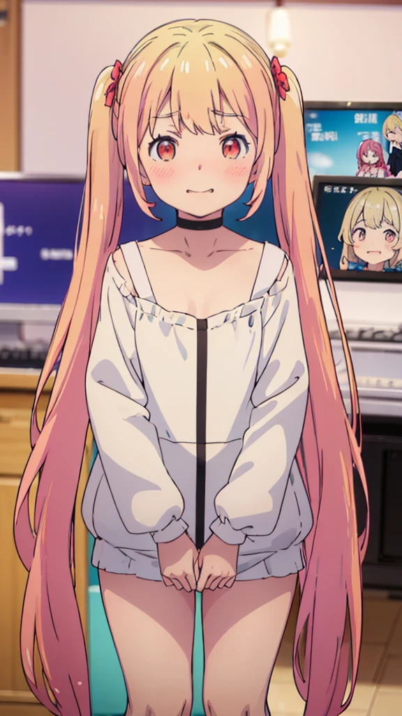 ((masterpiece))((Highest quality))girl、Laughing with your mouth open、blush、Flat Chest、Are thin、Blonde Hair、blush、Are standing、Whole body image、Eye level on face、、No background、Hair is two colors、Twin tails、Red Eyes、Two-tone red and yellow hair、Completely naked、Greeting with pussy、