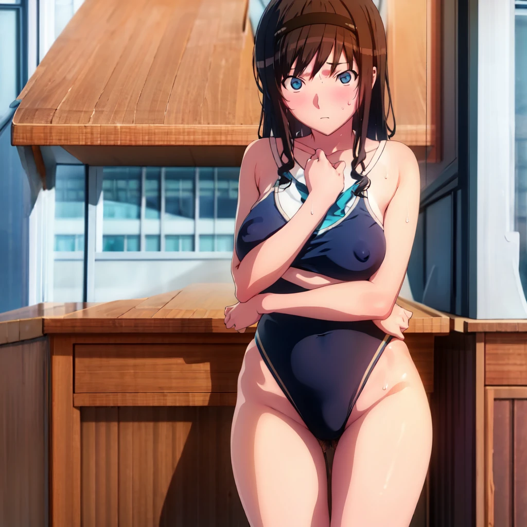 (Haruka Morishima)、3d、High resolution、girl、cute 、Thick pubic hair、Nipples、Thighs、Eyes of Love、Sweaty、Sweat in the crotch area、Young Face、beautiful, 写真のようにGenuineな画像、High resolution、masterpiece、4K,8k.Genuine、Ultra Clear、School、School Swimsuit