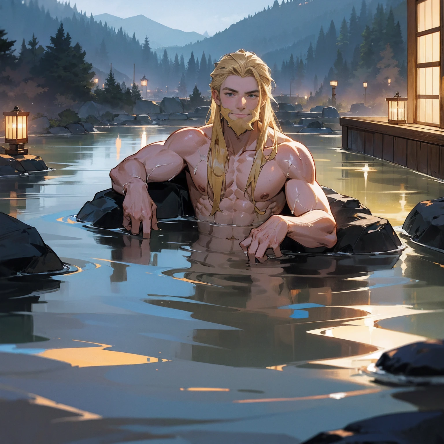 night,Japanese hot springs,muscle,alone, a young man,beard,Blonde,Long Hair,Taking a bath in a hot spring,A shy smile