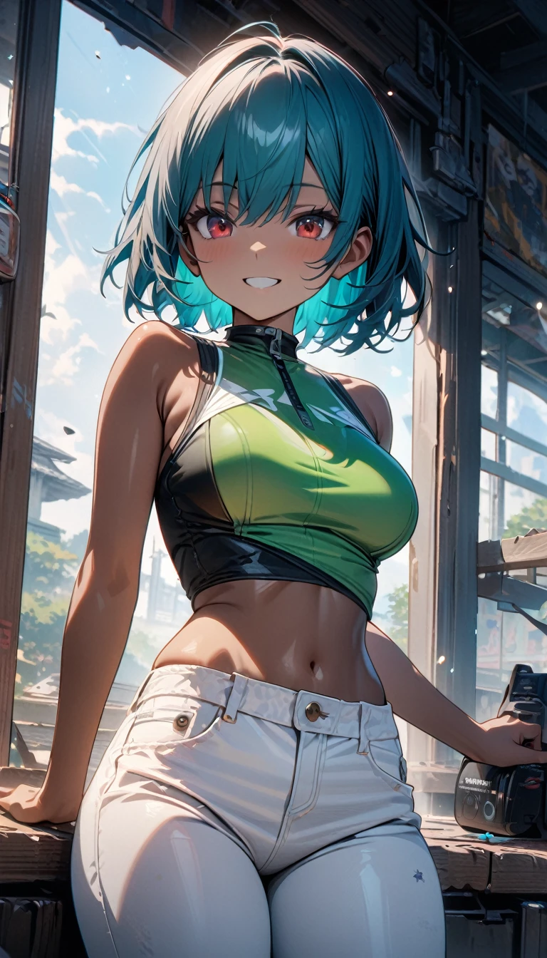 Young girl, ebony skin, short turquoise hair, red eyes, smile, green tight top, sleeveless, open breasts, open belly, white tight jeans, Masterpiece, best quality, Full HD, 8k, ultra details, great graphic