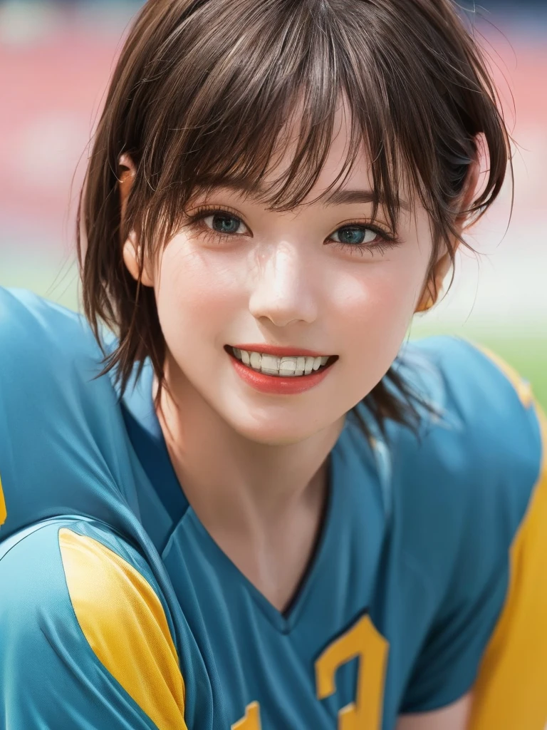 (Highest quality、8k、32K、masterpiece)、(Realistic)、(Realistic:1.2)、(High resolution)、Very detailed、Very beautiful face and eyes、(((Female solo shot)))、Frame In、Tight waist、(Highest quality、Attention to detail、Rich skin detail)、(Highest quality、8k、Oil paints:1.2)、(Realistic、Realistic:1.37)、Bright colors、(((Bust Shot)))、(((short hair)))、(((Laughter)))、(((Brown Hair)))、(((Soccer uniforms)))、(((ピンクのSoccer uniforms)))、(((Football Stadium)))、(((Enthusiastic audience)))、(((Uniform without lines)))、Short sleeve uniform、There are no lines on the sleeves、Guts pose