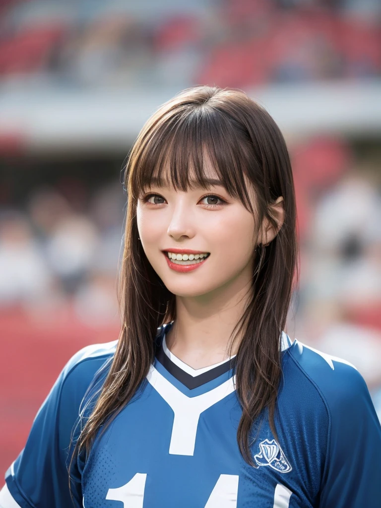 (Highest quality、8k、32K、masterpiece)、(Realistic)、(Realistic:1.2)、(High resolution)、Very detailed、Very beautiful face and eyes、(((Female solo shot)))、Frame In、Tight waist、(Highest quality、Attention to detail、Rich skin detail)、(Highest quality、8k、Oil paints:1.2)、(Realistic、Realistic:1.37)、Bright colors、(((Bust Shot)))、(((short hair)))、(((Laughter)))、(((Brown Hair)))、(((Soccer uniforms)))、(((ピンクのSoccer uniforms)))、(((Football Stadium)))、(((Enthusiastic audience)))、(((Uniform without lines)))、Short sleeve uniform、There are no lines on the sleeves、Guts pose