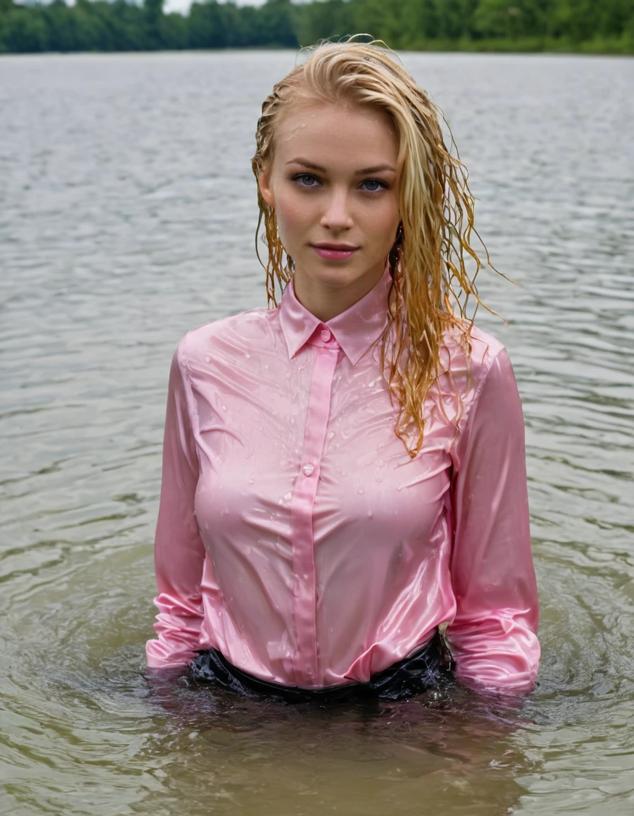 (heavy rain), perfect photo of a beautiful blonde woman, (wet hair:1.3), (emerging out from water:1.3), she proudly wears her (wet pink satin shirt:1.3) buttoned to the top, with (long sleeves that extends to her wrists), as she feels the collar of her shirt, (in a river), (only head and shoulders visible on the water:1.4), partially submerged, (kinkily smirking directly at camera with an (aroused expression from being soaking wet), inviting you in), (her black trousers are visible under the water), photographed on a Fujifilm XT3, 80mm F/1.7 prime lens, cinematic film still, cinestill 500T, highly detailed, masterpiece, highest quality, intricately detailed, HDR, 16k, uhd, photorealistic