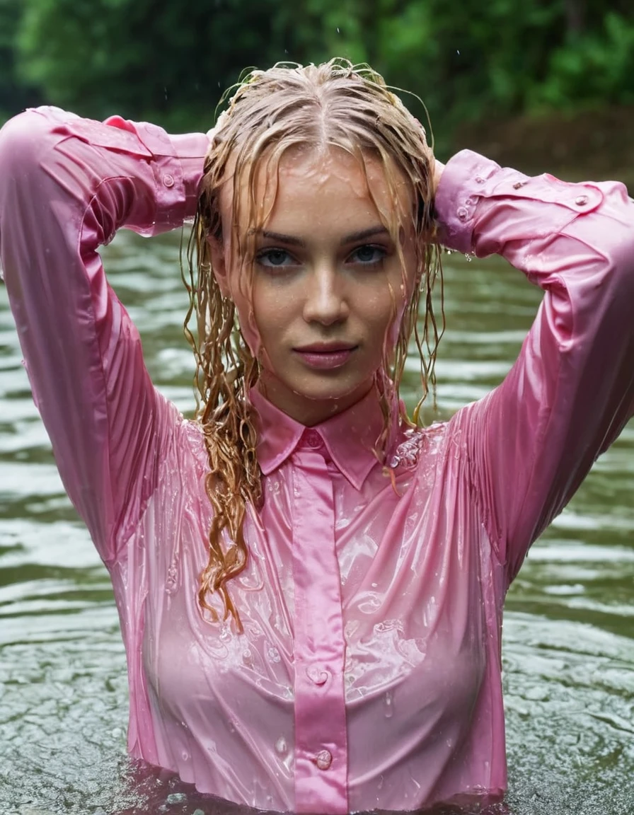(heavy rain), perfect photo of a beautiful blonde woman, (wet hair:1.3), (emerging out from water:1.3), she proudly wears her (wet pink satin shirt:1.3) buttoned to the top, with (long sleeves that extends to her wrists), as she feels the collar of her shirt, (in a river), (only head and shoulders visible on the water:1.4), partially submerged, (kinkily smirking directly at camera with an (aroused expression from being soaking wet), inviting you in), (her black trousers are visible under the water), photographed on a Fujifilm XT3, 80mm F/1.7 prime lens, cinematic film still, cinestill 500T, highly detailed, masterpiece, highest quality, intricately detailed, HDR, 16k, uhd, photorealistic