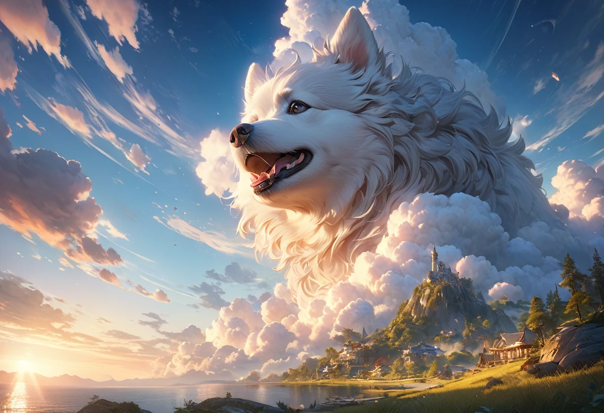 Beautiful detailed sky with clouds、Dog in the sky、詳細でRealな空、Fluffy Clouds、Serene atmosphere、Peaceful setting、(Highest quality、8k、High resolution、masterpiece:1.2)、Super detailed、(Real、Photorealistic、Photorealistic:1.37)、landscape、Bright colors、Dramatic lighting、Cinematic composition、Ethereal、Whimsical、dream-like