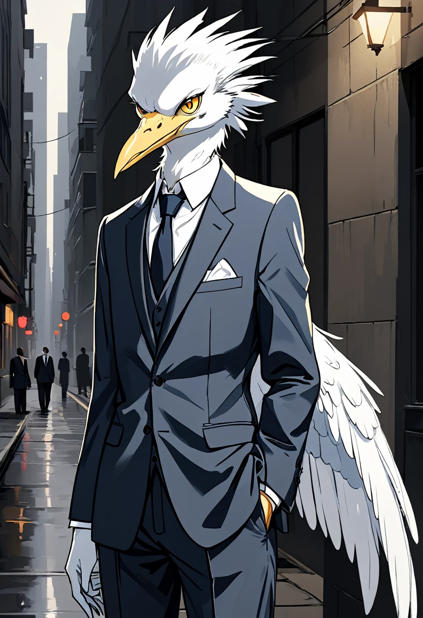 Male, 40 years old, adult man, tall, very tall, very slender, slender, thin, slim, very slender, avian, anthro, avian character, one man, bird, white bird, white body, white feathers, fully white feathers, white feathers hair, feather tail, long white beak, suit and tie, grey suit and tie, elegant, yellow eyes, dark face feathers, stern, severe, unhappy, evil, urban background, portrait format, heron, straight beak, tired, leader