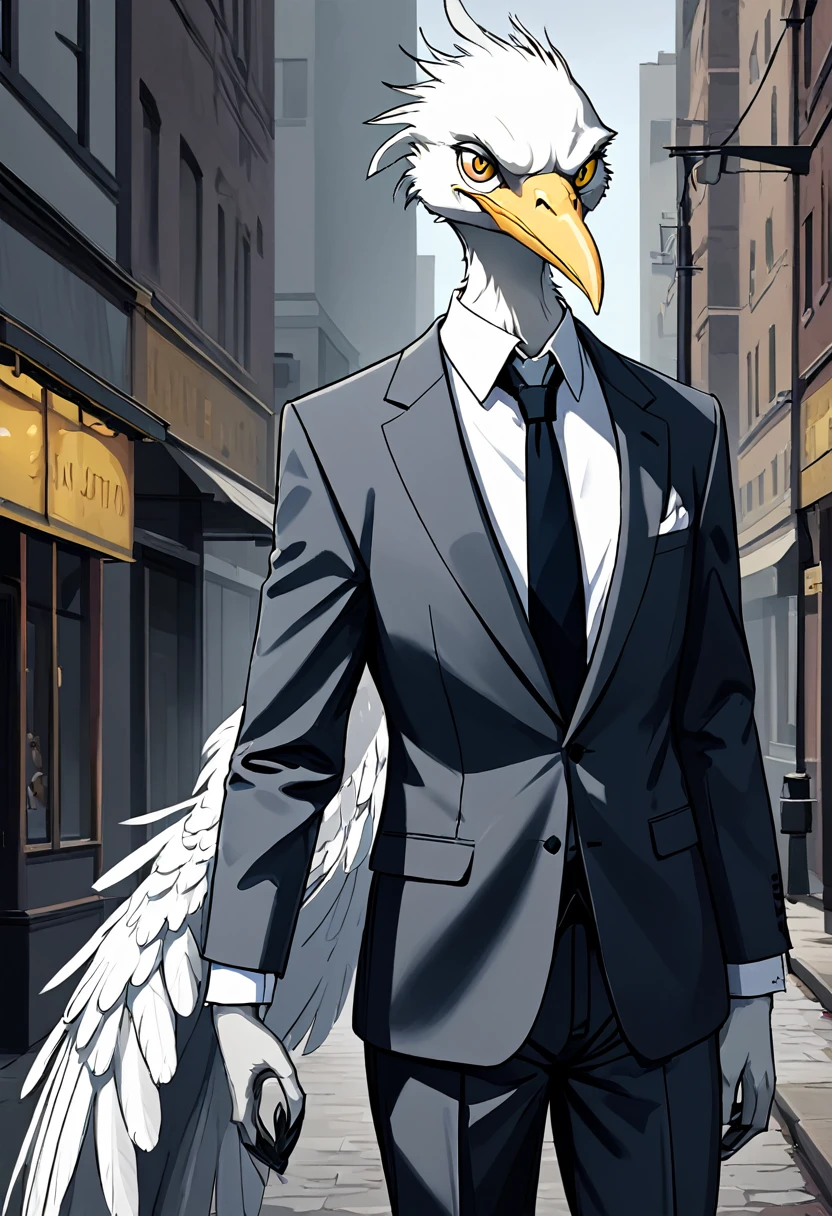 Male, 40 years old, adult man, tall, very tall, very slender, slender, thin, slim, very slender, avian, anthro, avian character, one man, bird, white bird, white body, white feathers, fully white feathers, white feathers hair, feather tail, long white beak, suit and tie, grey suit and tie, elegant, yellow eyes, dark face feathers, stern, severe, unhappy, evil, urban background, portrait format, heron, straight beak, tired, leader
