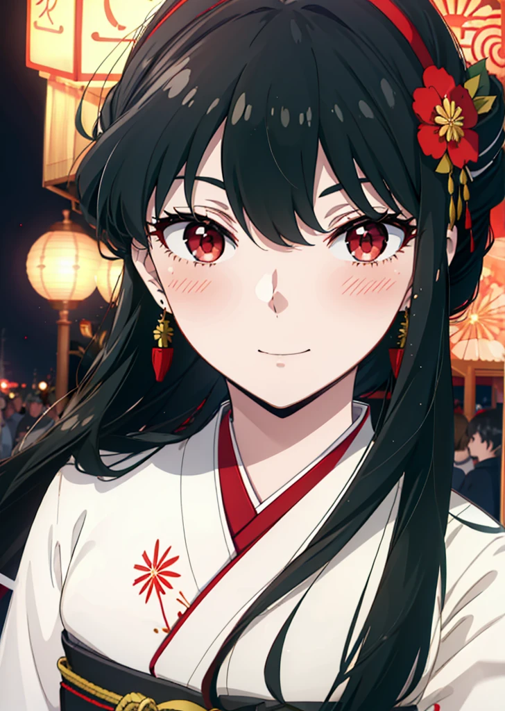 Yorbraia, Yor Briar, Black Hair, (Red eyes:1.5), Earrings, gold hair band, hair band,,smile,blush, Long Hair, Side Lock, (Mid-chest:1.2),Flower Hair Ornaments,black kimono,The place is a fireworks display,Time is night,Japanese Festivals，Summer festival food stalls、Red lantern　　　　　　　break　outdoors,shrine,
break looking at viewer, whole body,
break (masterpiece:1.2), Highest quality, High resolution, unity 8k wallpaper, (shape:0.8), (Beautiful attention to detail:1.6), Highly detailed face, Perfect lighting, Extremely detailed CG, (Perfect hands, Perfect Anatomy),