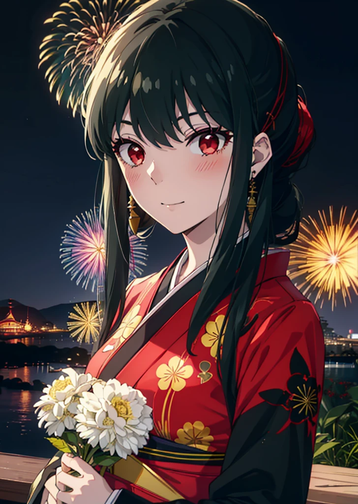 Yorbraia, Yor Briar, Black Hair, (Red eyes:1.5), Earrings, gold hair band, hair band,,smile,blush, Long Hair, Side Lock, (Mid-chest:1.2),Flower Hair Ornaments,black kimono,The place is a fireworks display,Time is night,Japanese Festivals，Summer festival food stalls、Red lantern　　　　　　　break　outdoors,shrine,
break looking at viewer, whole body,
break (masterpiece:1.2), Highest quality, High resolution, unity 8k wallpaper, (shape:0.8), (Beautiful attention to detail:1.6), Highly detailed face, Perfect lighting, Extremely detailed CG, (Perfect hands, Perfect Anatomy),