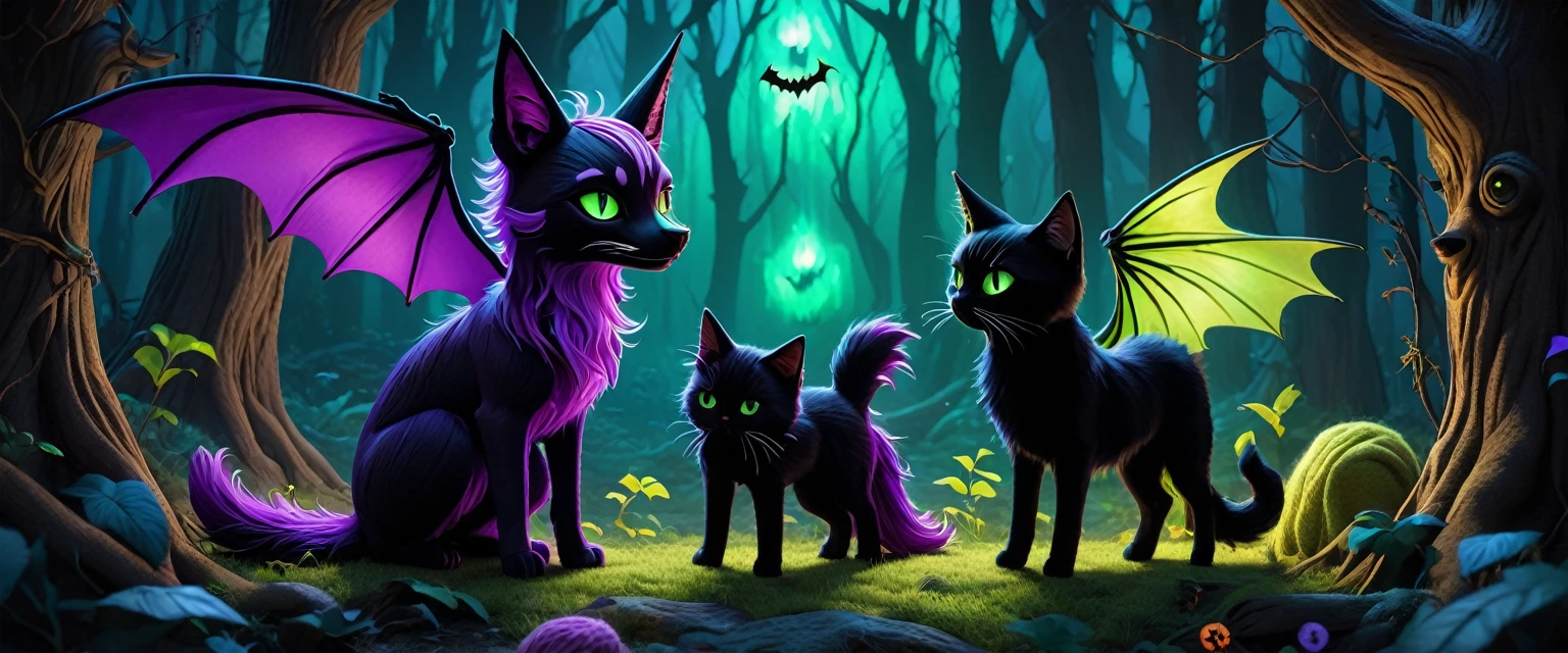 (voodoo familiar knitted toys:1.7), (voodoo familiar banner:1.6), (multiple familiars:1.8), (clothing: intricate mystical patterns, dark flowing fabrics, enchanted accessories:1.5), (familiars: bat with glowing wings, unicorn with spectral horn, black cat with creepy eyes, dog with ghostly aura, raccoon with sinister grin:1.9), (background: enchanted forest with floating, glowing fog, twisted trees, spectral lights, eerie shadows:1.5), (lighting: ethereal glow, mystical glow, contrasting dark shadows:1.2), (colors: bright yet dark, rich purples, deep blacks, glowing greens and mesmerizing blues: 1.8), (atmosphere: enchanting, magical, darkly enchanting, terrifyingly beautiful: 1.5), best quality, masterpiece, detailed soft oil painting, detailed background, dramatic cinematic lighting, soft edge lighting, professional, dramatic lighting, hard edge lighting, ultra quality, 4k, masterpiece, best quality, 8k, ultra high definition, high resolution, extremely detailed