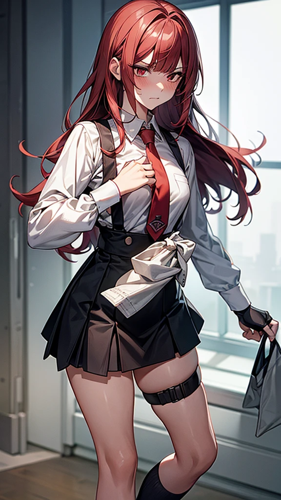 {{masterpiece}}, {{{Highest quality}}},{{Very detailed}}, {{figure}},{{tall}},{{Adult female}},,{{Fighting stance}},｛from side｝,{{Long sleeve mini skirt uniform}},{}},}}{}},{fighting stance}},{},{}, ,{{}},{{Eyelet foot}},,{{blushing with anger}},{{}},,{{}},{{}},,Slender body}}{{Avoidance}}{{Female police officer}},,,,suspenders　,Long sleeve mini skirt uniform, White High Socks,Black fingerless gloves, Long Red Hair, Red tie,Straight hair ,Blunt bangs,Thigh holster,.amountn loafer,,blush,Wrinkles ,amount,Grit your teeth,suffering,v-shaped eyebrows.,Sweat dripping,Medium chest ,get annoyed,,Slums,,Twisting,
