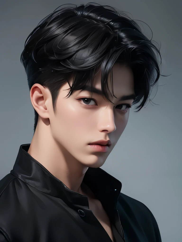 ((best quality, 8K, masterpiece: 1.3)), handsome korean boy, black hair, thick lips, portrait, has bangs