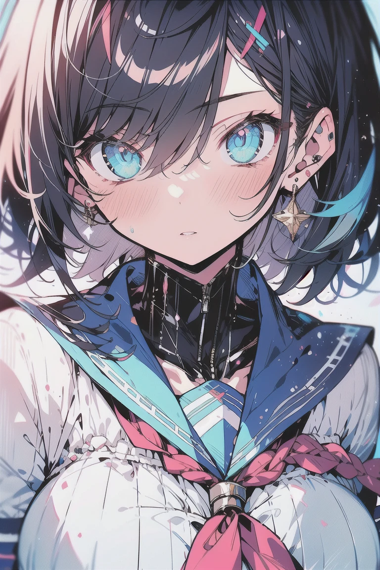 (best quality), (Super detailed), (Best Illustration), (masterpiece), score_9, score_8_up, score_7_up, (4k), (1woman), (white serafuku), (large breasts), {brown hair, (sideburns), (bob cut:1.3), curly hair, hairs between eyes, colored inner hair}, {(detailed eyes), blue eyes}, parted lips, expressionless, blush, earring, cyber city

