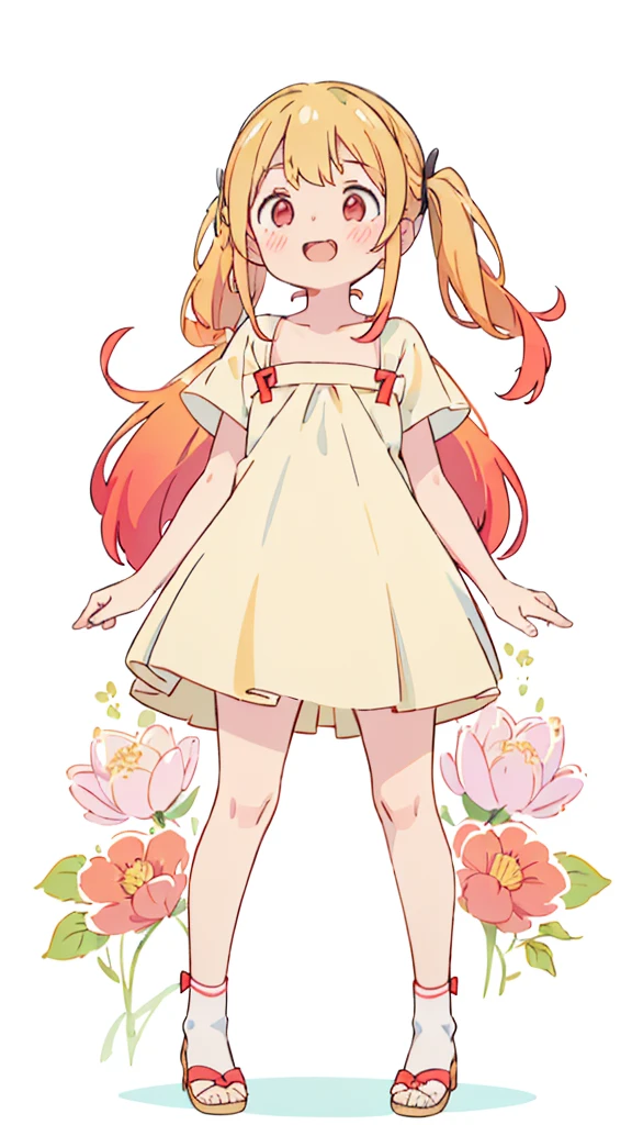 ((masterpiece))((Highest quality))girl、Laughing with your mouth open、blush、Flat Chest、Are thin、Blonde Hair、blush、Are standing、Whole body image、Eye level on face、、No background、Hair is two colors、Twin tails、Red Eyes、Two-tone red and yellow hair、Completely naked、Greeting with pussy、