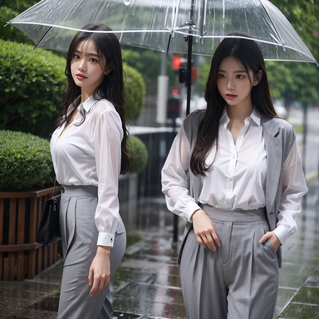 No umbrella、No umbrella、Hair getting wet in the rain、No umbrella、Rain-soaked hair、Beautiful woman getting wet in the rain、No umbrella美人、typhoon、No umbrellaで水に濡れる、Beautiful woman in the rain、雨で濡れたBeautyOL、Detailed face、Realistic、beautiful girl、Beauty、Office Lady Uniform、beauty、Beautiful woman、Narrow waist、Handsome woman、Tight pants look、suit、Sexy pose、タイトなsuitパンツ、雨で濡れたsuit、Wet shirt、See-through shirt、Shot in heavy rain、See-through underwear