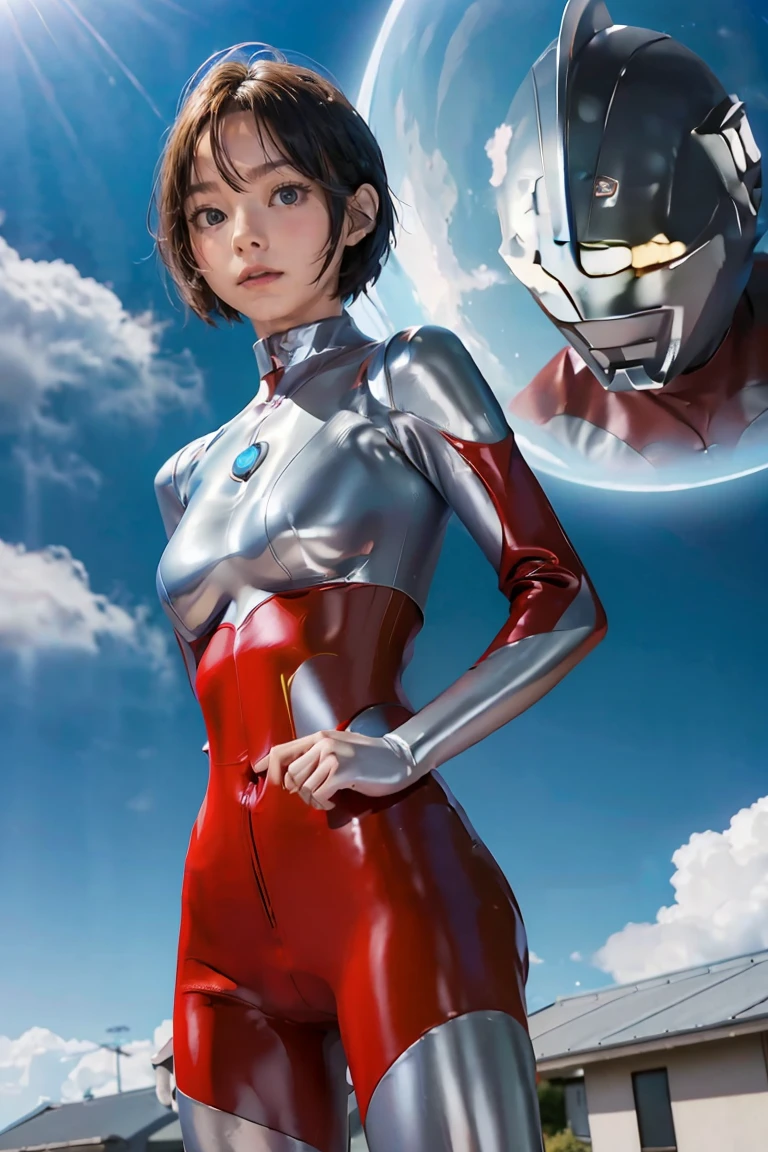 (((blue sky with cloud in background))), Ultraman、realistic、realistic、cinematic lighting, Girl in a shiny red and silver suit、18 years old、professional photo, Japanese model, Japanese cgi、Ultraman Suit、tight and thin cyber suit, Whole body rubbery delicate body, big breasts、small ass、thin thighs、thin arms、thin waist、camel toe、Both sides of the cyber suit stick to the skin、Big eyes、black short hair、facing the front、facing the front、A glowing sphere is embedded in the chest.