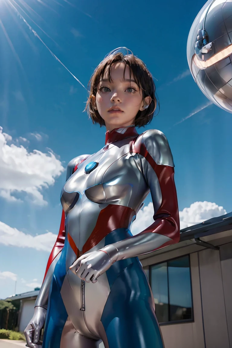 (((blue sky with cloud in background))), Ultraman、realistic、realistic、cinematic lighting, Girl in a shiny red and silver suit、18 years old、professional photo, Japanese model, Japanese cgi、Ultraman Suit、tight and thin cyber suit, Whole body rubbery delicate body, big breasts、small ass、thin thighs、thin arms、thin waist、、Both sides of the cyber suit stick to the skin、Big eyes、facing the front、facing the front、A glowing sphere is embedded in the chest.