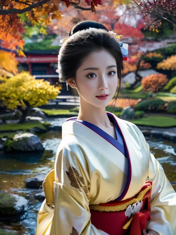(Highest quality、 8k 、masterpiece、High resolution)、 Japanese painting、Vibrant colors、A woman wearing a kimono、Ample breasts、(Highly detailed face and eyes,Beautiful Face,Beautiful Eyes,Beautiful nose,Pretty lips)、Dynamic painting technique、Japanese garden、Autumn scenery、autumn leaves、Night Sky、moonlight、Detailed Description、