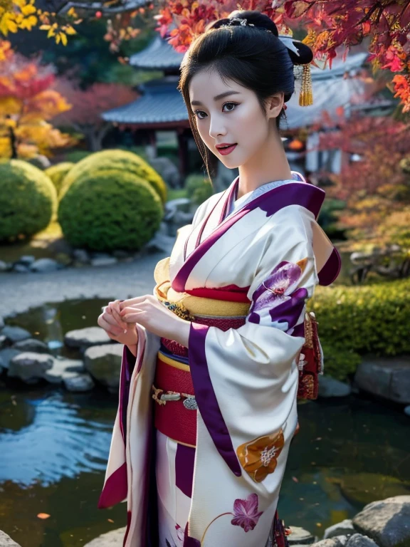 (Highest quality、 8k 、masterpiece、High resolution)、 Japanese painting、Vibrant colors、A woman wearing a kimono、Ample breasts、(Highly detailed face and eyes,Beautiful Face,Beautiful Eyes,Beautiful nose,Pretty lips)、Dynamic painting technique、Japanese garden、Autumn scenery、autumn leaves、Night Sky、moonlight、Detailed Description、