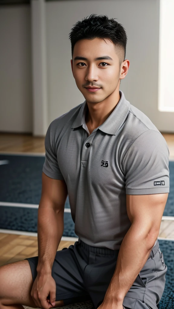 Masterpiece, best quality, high resolution, realistic, handsome, Take beautiful photos, A photo of a 35-year-old Gym Association member sitting on the floor. (The man has a thin mustache.) ,Full body, Portrait, standing on the football field, make military media, weight, Amazing , Buzzcut short hair,stubble head , (Hyper Muscle),looking at the audience, Flirt with the camera, charming, (Tight gray polo shirt Cargo pants ),(GS-Male:1), 8k,Bokeh,Portrait,look at the viewer, smile