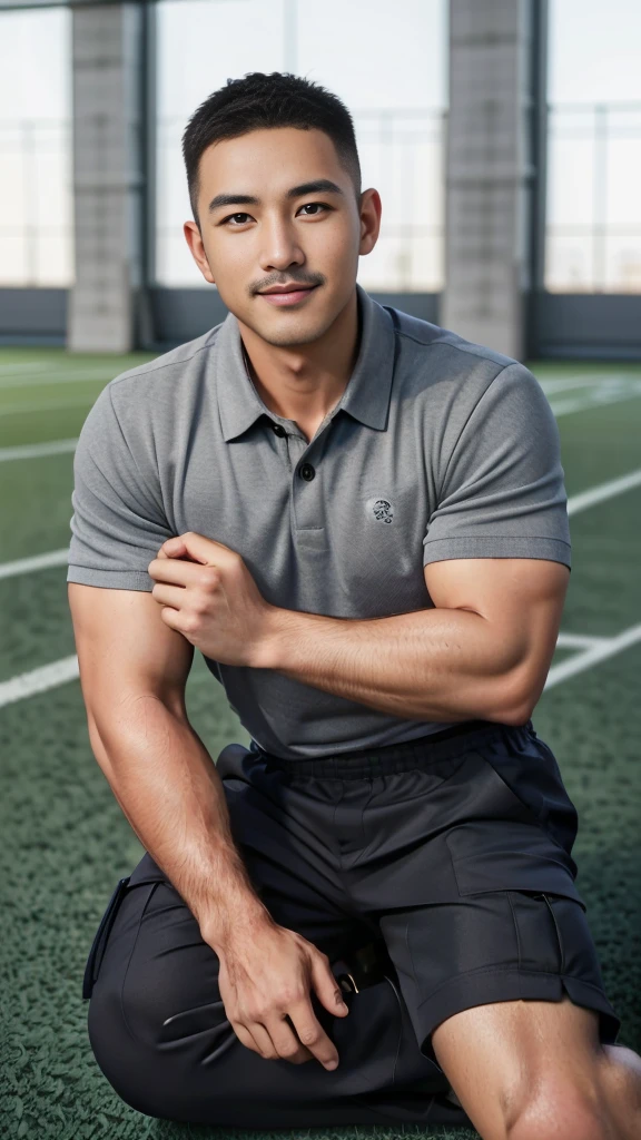 Masterpiece, best quality, high resolution, realistic, handsome, Take beautiful photos, A photo of a 35-year-old Gym Association member sitting on the floor. (The man has a thin mustache.) ,Full body, Portrait, standing on the football field, make military media, weight, Amazing , Buzzcut short hair,stubble head , (Hyper Muscle),looking at the audience, Flirt with the camera, charming, (Tight gray polo shirt Cargo pants ),(GS-Male:1), 8k,Bokeh,Portrait,look at the viewer, smile