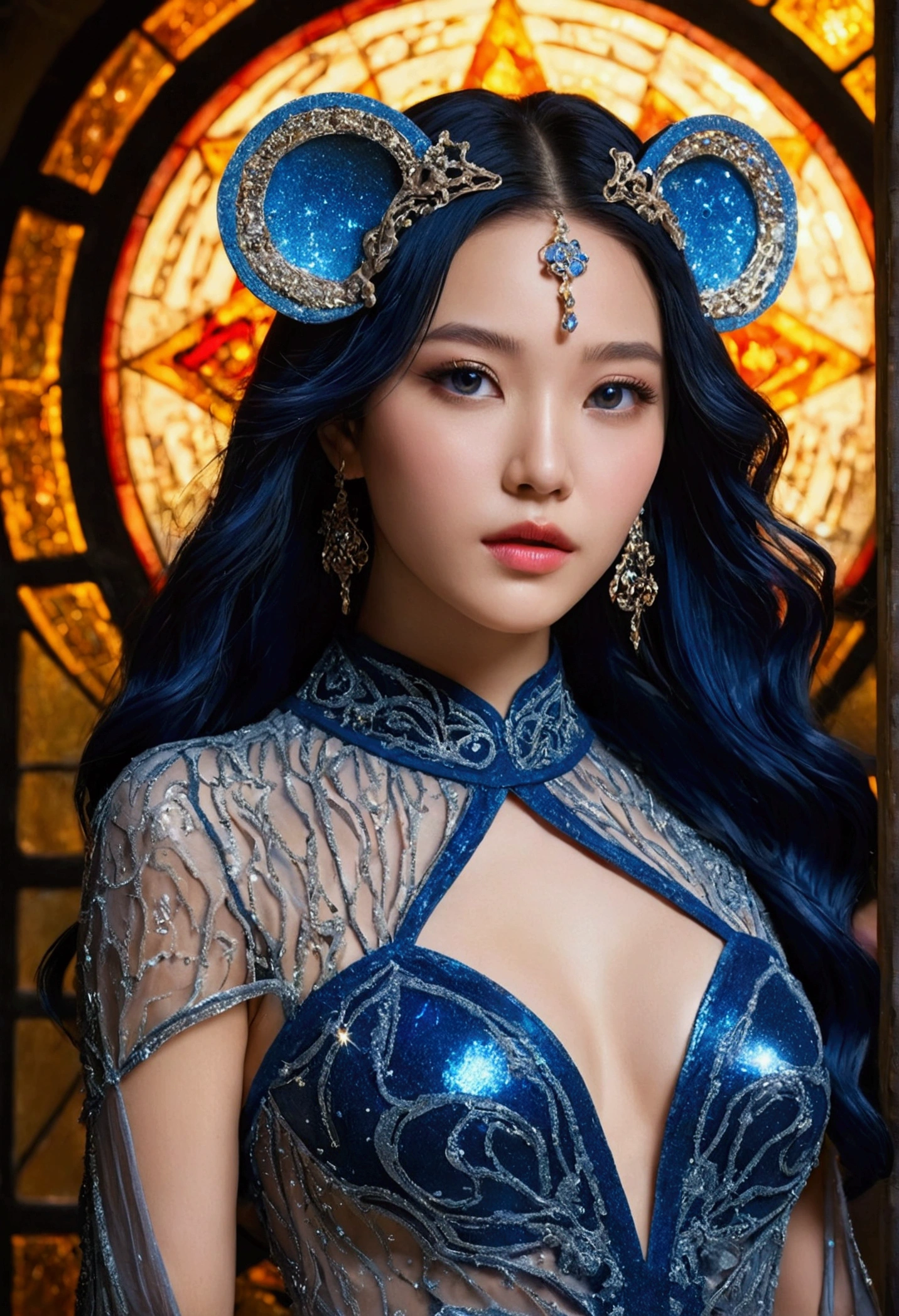 24K，RAW photos，Graphics：1.25），（Lip Gloss，eyelash，Smooth face，Glowing skin，Top quality，Ultra-high resolution，Depth of Field，Chromatic Aberration，Caustics，Wet lips，Super cropped face，Shining and delicate eyes，Black Hair，Half Length，Fashion tight knit dress, Thin Quality , Super detailed, Watch your hands )Zodiac sign - Goddess of Sagittarius , Similar to the goodness of Latin . Optimistic, fair, Funny and intelligent face . recklessness, Ruthless, impatient, Overconfident style . Dark blue eyes (Eye details) , Sparkling deep blue hair , Transparent dress , In the sea of shining stars , whole body , Nature of fire , God Chiron(masterpiece, Highest quality, Highest quality,Official Art, beautifully、Super Gold Hairstyle、aesthetic:1.2),(One girl:1.3), One girl BREAK stained glass art, Colored Glass, Lead wire, Light transmission BREAK Vivid colors, Intricate Design, Glowing effect, Spiritual atmosphere、Background abstract korean strip dancer,vagina mouse
