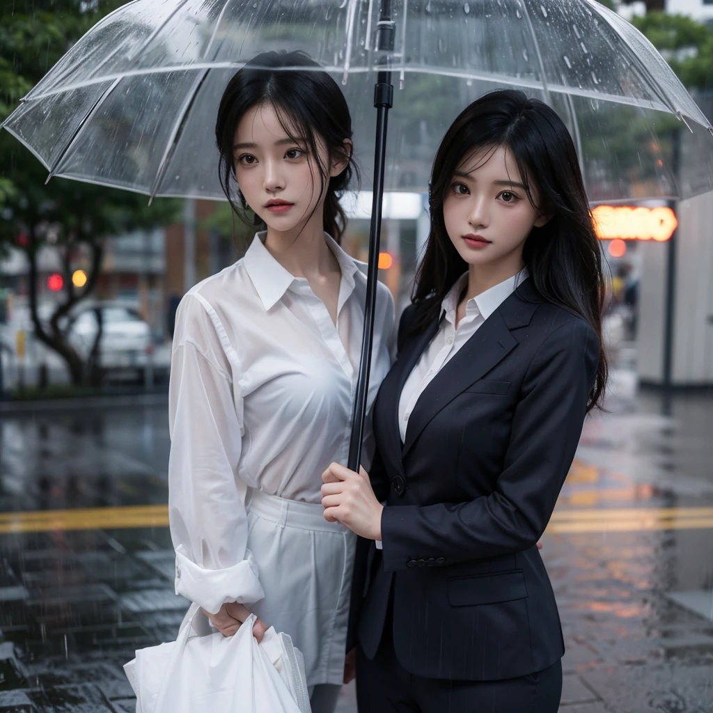 The umbrella is not in the picture.、Hair getting wet in the rain、No umbrella、No umbrella、Beautiful woman getting wet in the rain、A beautiful woman without an umbrella、typhoon、No umbrellaで水に濡れる、Beautiful woman in the rain、雨で濡れたBeautyOL、Detailed face、Realistic、beautiful girl、Beauty、Office Lady Uniform、beauty、Beautiful woman、Narrow waist、Handsome woman、Tight pants look、suit、Sexy pose、タイトなsuitパンツ、雨で濡れたsuit、Wet shirt、See-through shirt、Shot in heavy rain、See-through underwear