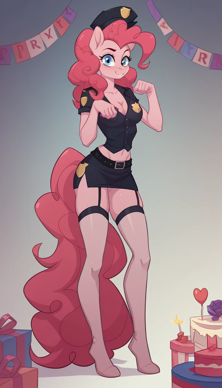 solo, girl, police uniform, sexy roleplay, seductive posing, NSFW, mlp style, anthro character, Pinkie Pie, pink skin, long curly rose hair, sexy opaque stockings, little breasts, surprise birthday party, at bedroom, seduce, offering body, offering pose, arousal, full body, focus on legs, masterpiece, high quality, best details