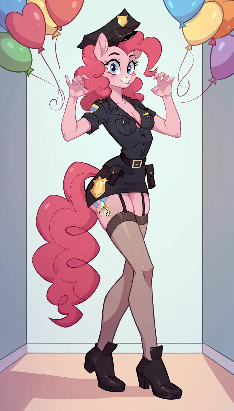 solo, girl, police uniform, sexy roleplay, seductive posing, NSFW, mlp style, anthro character, Pinkie Pie, pink skin, long curly rose hair, sexy opaque stockings, little breasts, surprise birthday party, at bedroom, seduce, offering body, offering pose, arousal, full body, focus on legs, masterpiece, high quality, best details