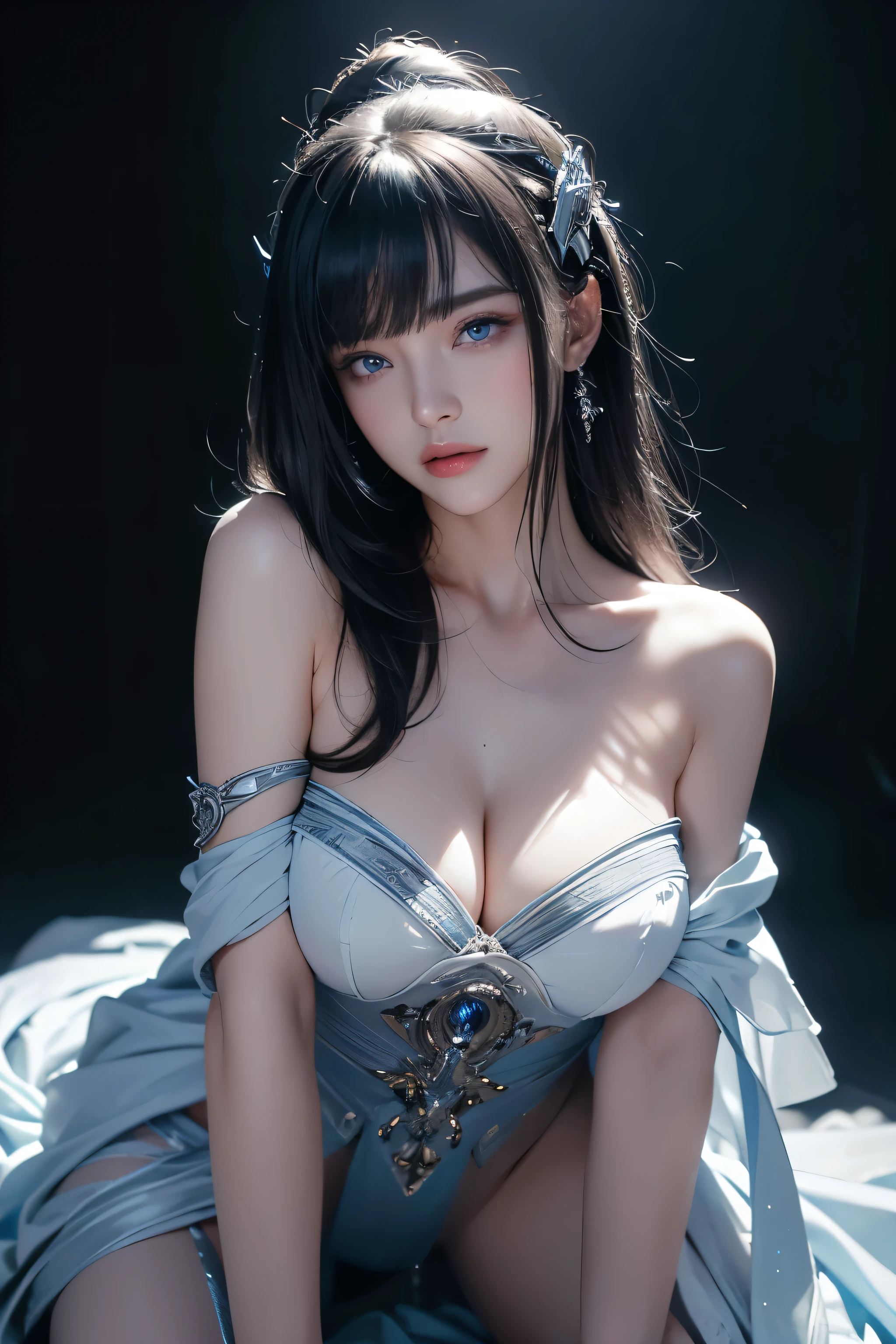 masterpiece, Highest quality, Very detailed, To the camera, Very detailed, Realistic, Sharp features, Very detailed, Sharp focus, Perfect Face, Perfect Face, Perfect symmetry and perfect eyes, Perfect Plump Lips, Flexible female form, cinematic, Film Light, Very detailed, hyper Realistic, masterpiece, Atmospheric, High resolution, Vibrant, Dynamic Studio Lighting, ((Dark Background)), The expression when enduring pleasure, Straight bangs, Blue eyes,Kneeling with hands on crotch、、Sexuused expressions、No clothes、NSFW,((top quality、8k、masterpiece:1.3))Wears a silver-white mech,girl with delicate face,Highest image quality,Ultra-clear,Delicate and clear facial features,end of the world,Mechanical arm,Exquisitely detailed mechanical pattern,Cyberpunk characters、numbercity、number、century、throne