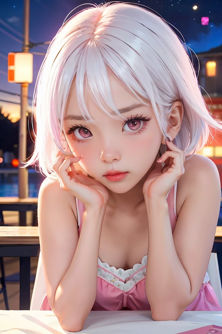 Be a girl with a pink complexion, beautiful eyes (red eyes) and deep as the night sky, half sad face lying on the table, white hair, looking at you, with an anime/semi-realistic style of art  