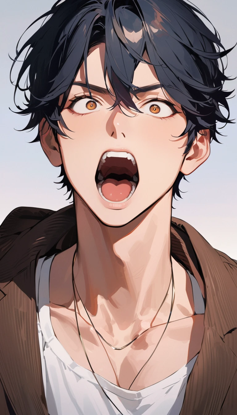 A handsome man, black hair, short hair, He has his mouth wide open, showing a very surprised expression.