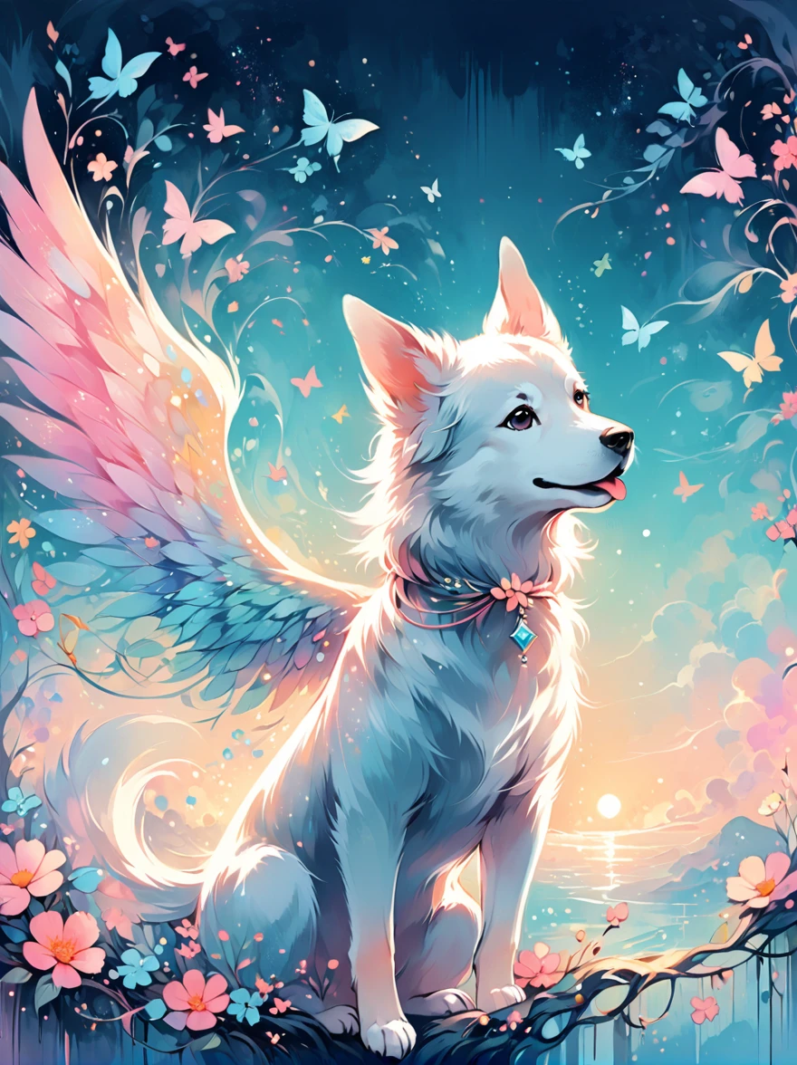 A whimsical digital illustration of a dog with majestic wings, painted in beautiful pastel shades. The dog is captured in mid-flight, lending a sense of movement to the image. The brushstrokes are vibrant yet soft, carefully blended to create a dreamy and fantasy-inspired ambiance.