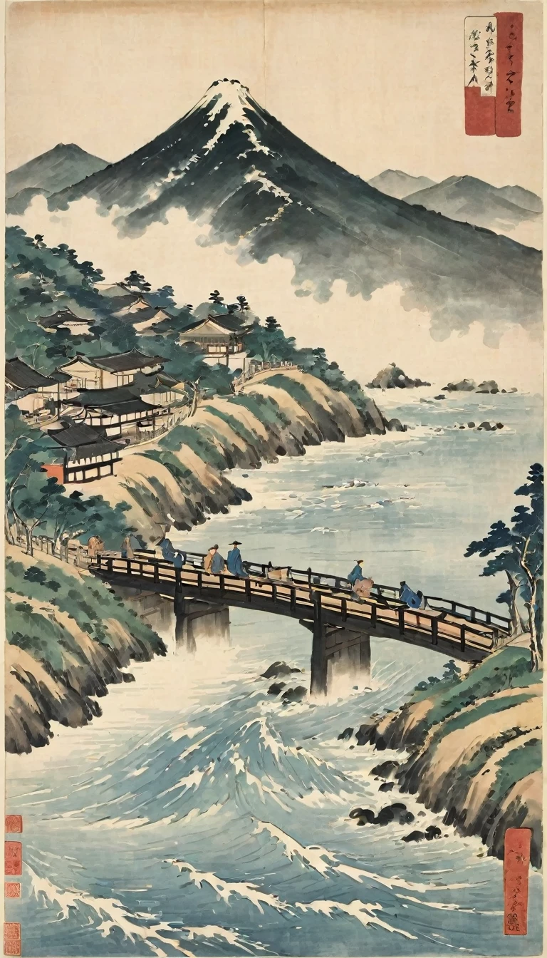 Katsushika Hokusai、vague、Mont、Mountain、river、Calm waves、bridge、wood々、People passing by々、Skyscrapers visible in the distance、Ink and watercolor、Light tones、Calligraphy、Ink Painting