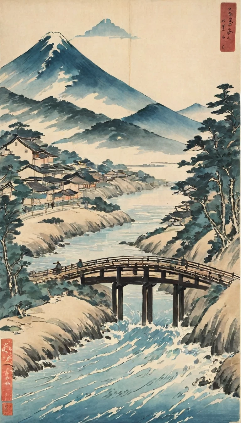 Katsushika Hokusai、vague、Mont、Mountain、river、Calm waves、bridge、wood々、People passing by々、Skyscrapers visible in the distance、Ink and watercolor、Light tones、Calligraphy、Ink Painting