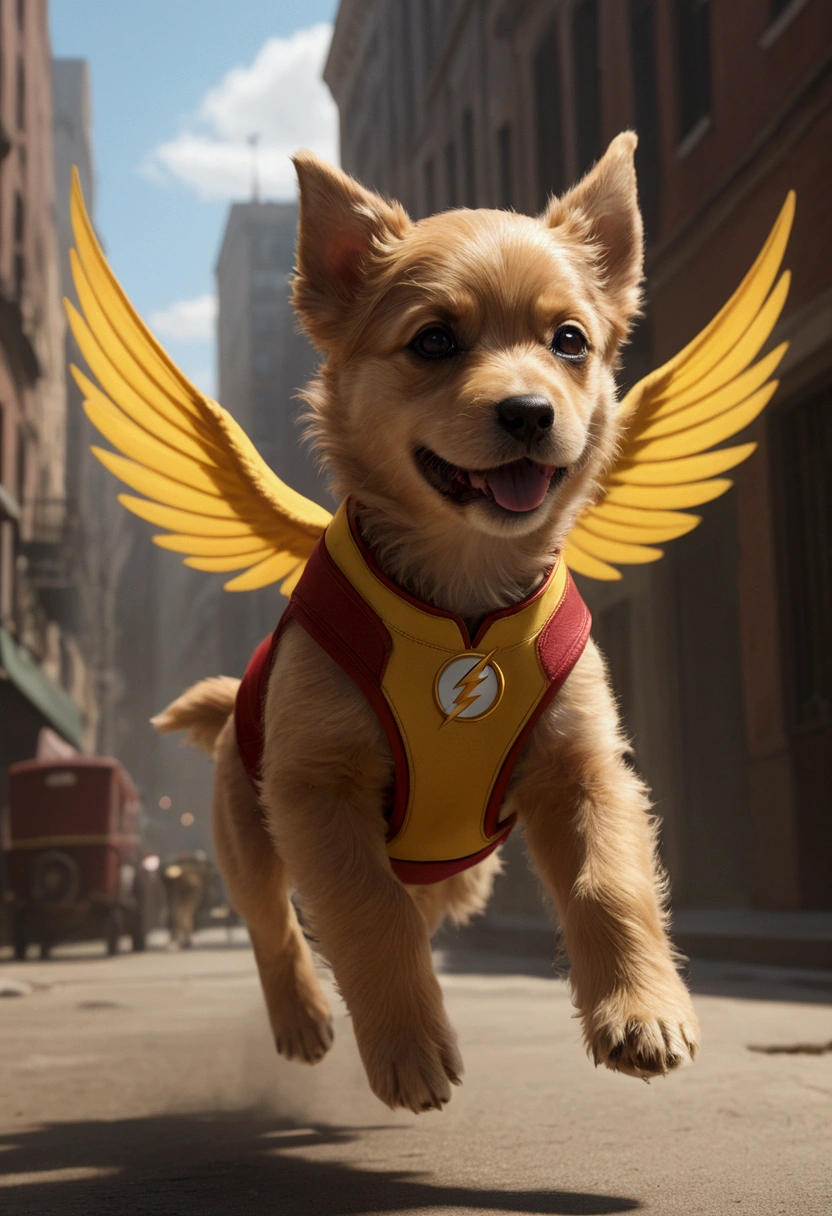 A picture of a Flying puppy in The Flash costume, by Phil Jimenez and Gabriele Dell'Otto, pulp Comics, fluffy, digital graphics, fantasy, octane rendering, perfect play of light and shadow, 32k UHD, hyper-detailing, hyper-realistic, full body, cinematic still, (best quality, masterpiece), very aesthetic, perfect composition, intricate details, ultra-detailed, vivid colors