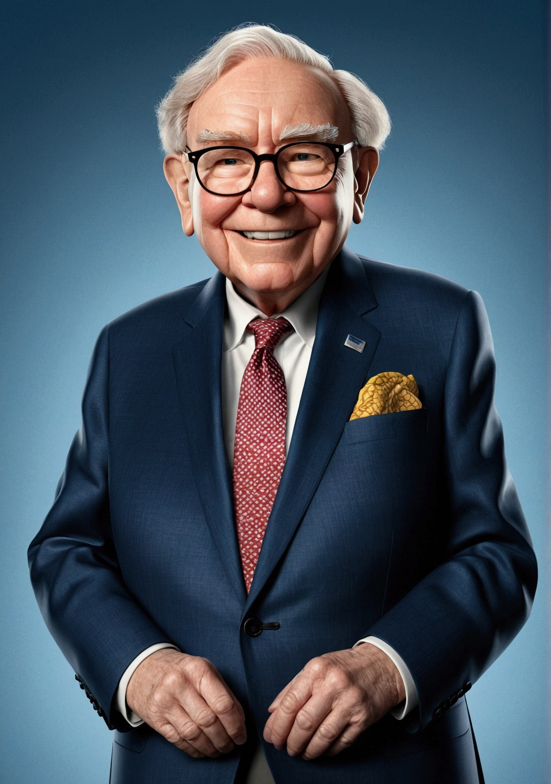 Warren Buffett smiled in a suit.., Pixar, .3d, Disney,9:16,Facing forward,Hands outstretched