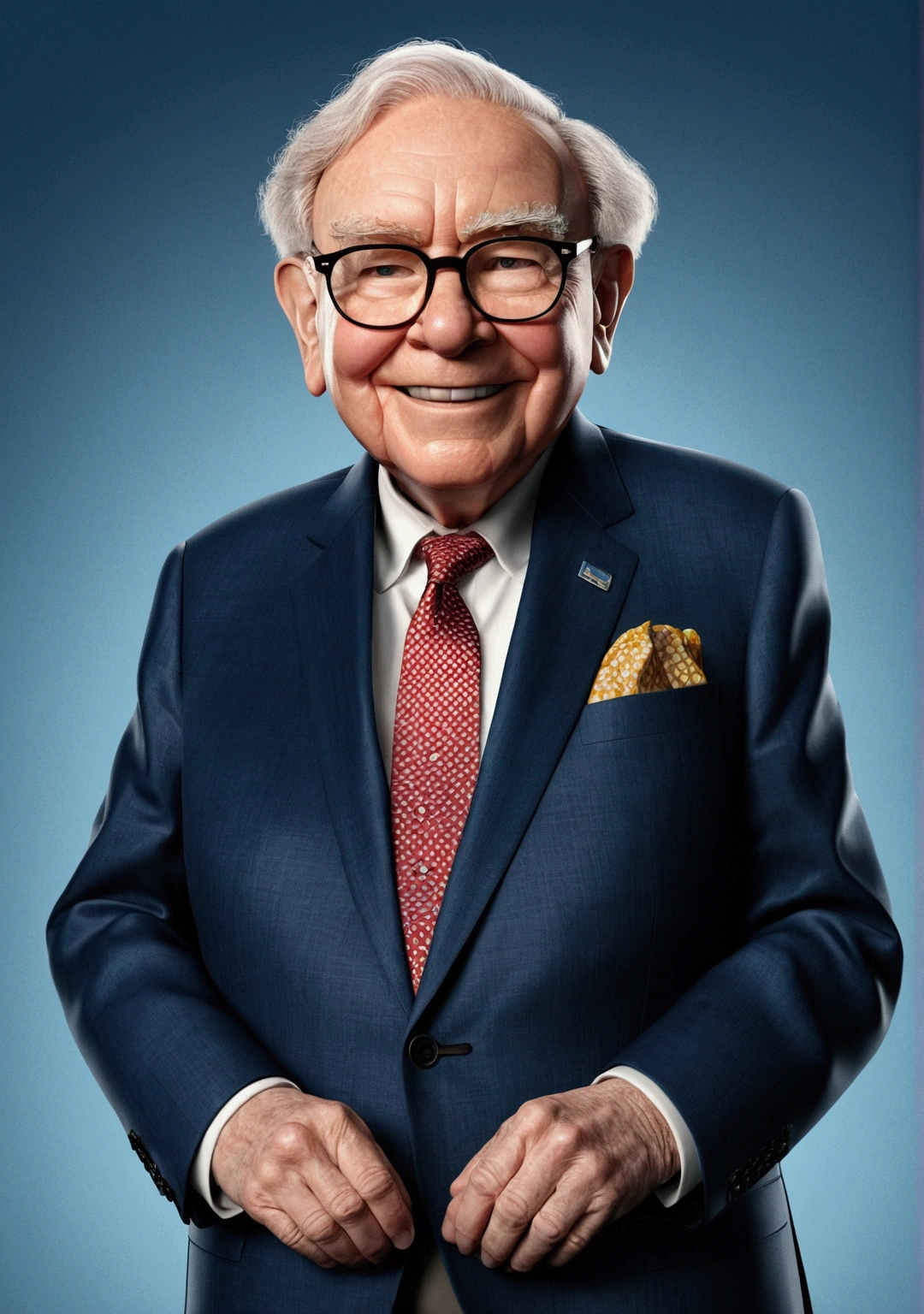 Warren Buffett smiled in a suit.., Pixar, .3d, Disney,9:16,Facing forward,Hands outstretched