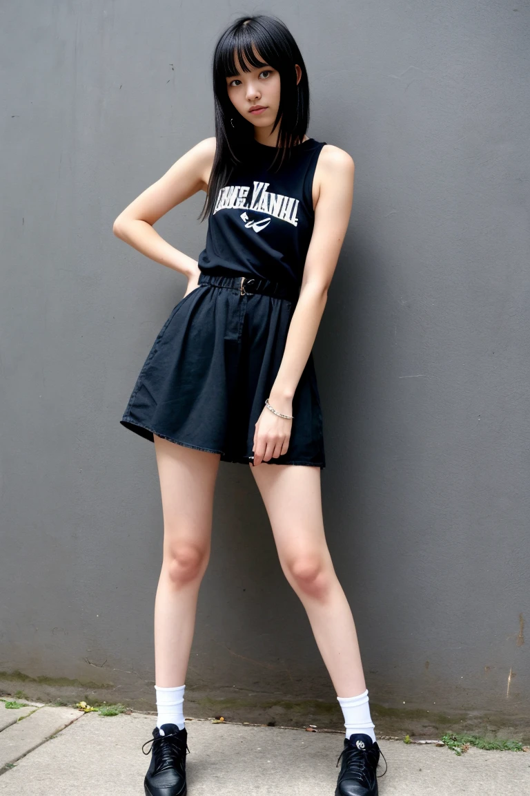 a beautiful 18 year old slim and sexy woman, emo girl, black dress, denim shorts, visible legs