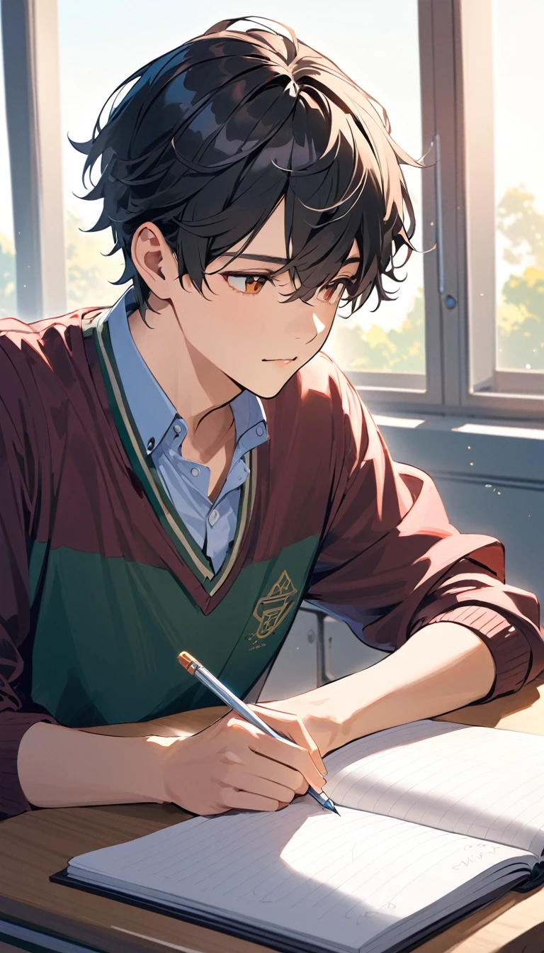 One good young man,Black short hair,Taking classes at a university,is writing in a notebook on the desk,right handed,Sitting,In the university classroom.