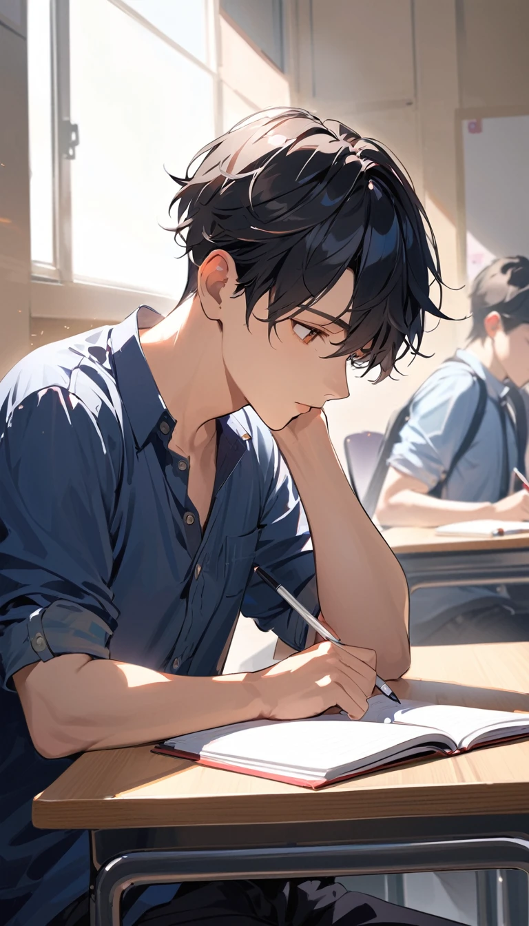 One good young man,Black short hair,Taking classes at a university,is writing in a notebook on the desk,right handed,Sitting,In the university classroom.