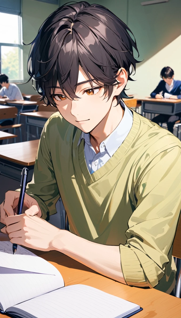 One good young man,Black short hair,Taking classes at a university,is writing in a notebook on the desk,right handed,Sitting,In the university classroom.