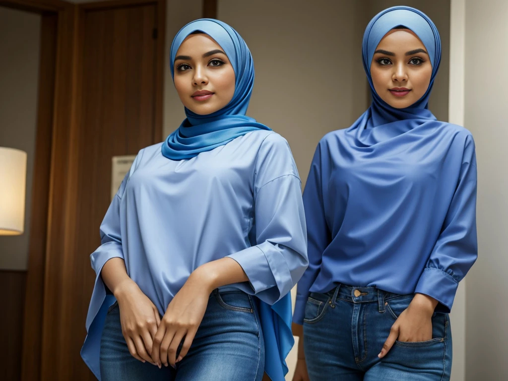 A Indonesian hijab female, I'm wearing jeans and shirt." in hospital, I'm a doctor. It emphasizes realism in every detail of the image, especially in the eyes. This official art Unreal 8k wallpaper a very detailed, beautiful, aesthetic masterpiece and of the highest quality. The use of dynamic angles shows the elegance and romanticism of the image. This character has big breasts, ((small head:1.2)) ((big breast:1.1)) ((hijab))"