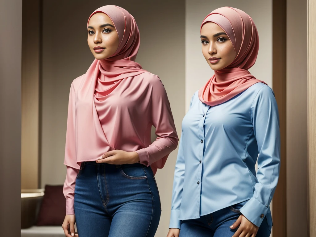 A Indonesian hijab female, I'm wearing jeans and shirt." in hospital, I'm a doctor. It emphasizes realism in every detail of the image, especially in the eyes. This official art Unreal 8k wallpaper a very detailed, beautiful, aesthetic masterpiece and of the highest quality. The use of dynamic angles shows the elegance and romanticism of the image. This character has big breasts, ((small head:1.2)) ((big breast:1.1)) ((hijab))"